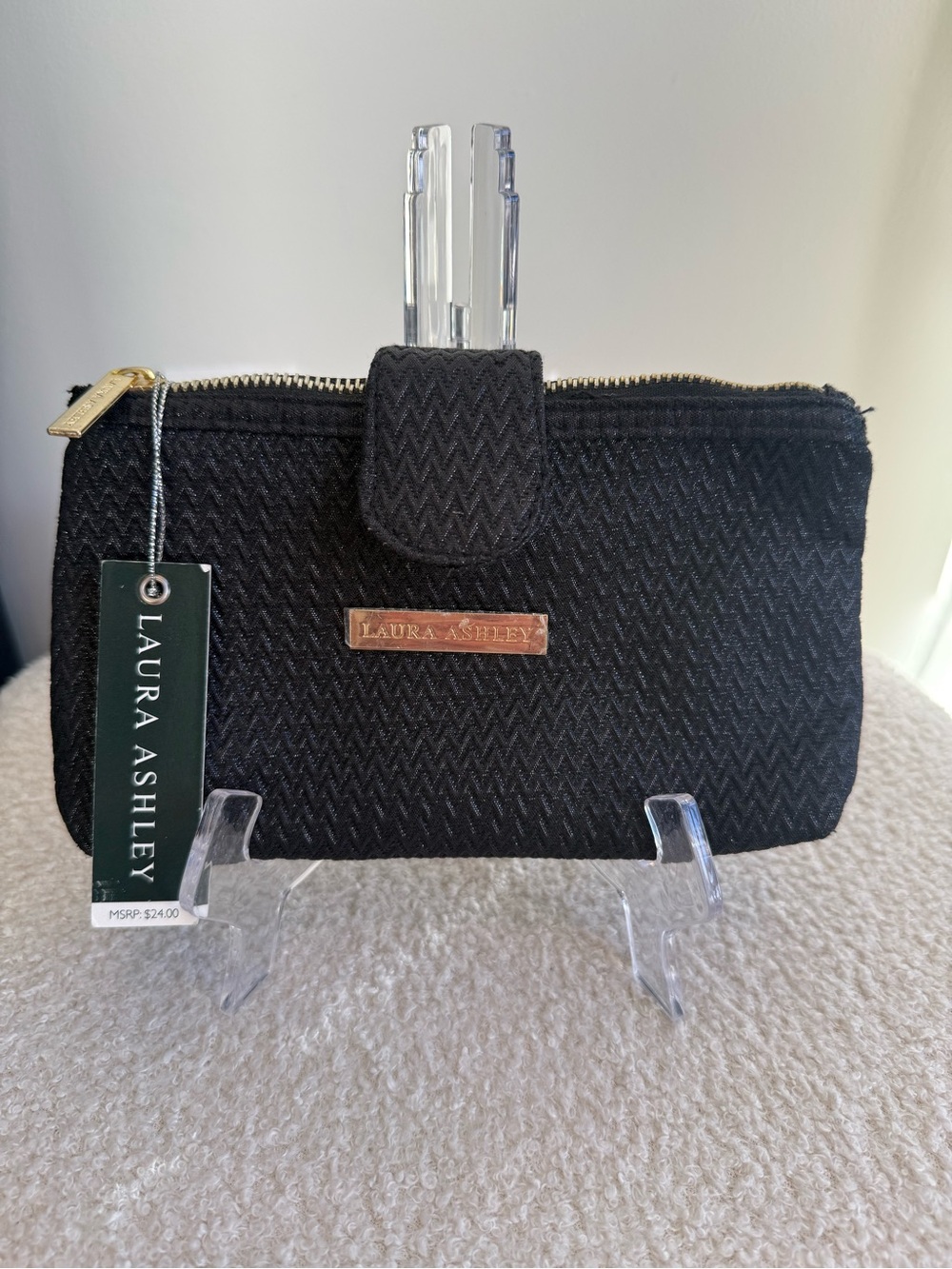 NWT Laura Ashley Black Cosmetic Makeup Bag Clutch Organizer 2 Zip Compartments